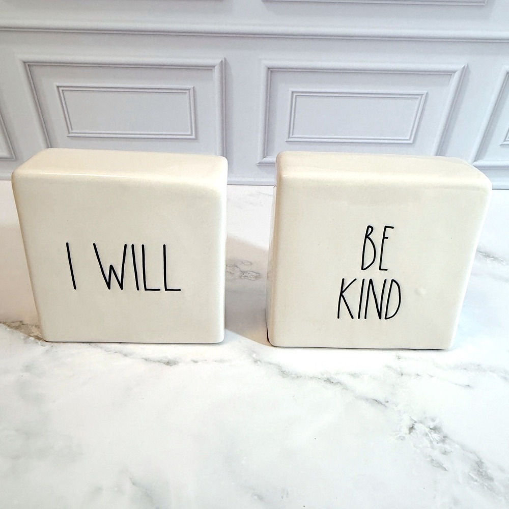 PAIR (2) Rae Dunn Reversible Ceramic Blocks "I WILL/I CAN" & "BE KIND/BE HUMBLE"